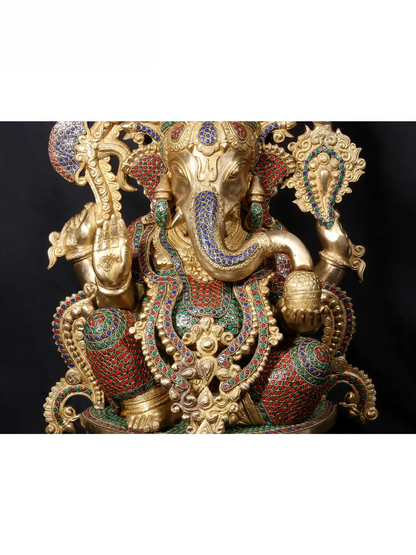 Brassaura™ Seated Lord Ganesha on Ornate Throne | Pure Brass with Meenakari Stonework | Height 24 Inches & Weight 33.38 Kgs