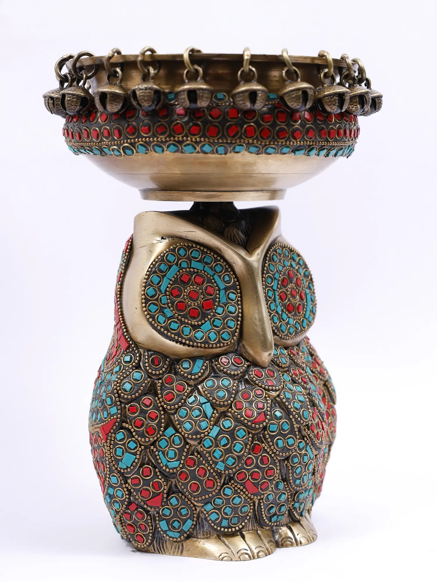 Brassaura® Decorative Brass Owl Urli with Inlay Work | Pure Brass | Height 10 Inches & Weight 4.15 kgs