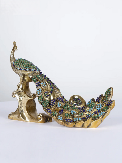 Brassaura® Brass Peacock Decorative Statue with Inlay Work | Pure Brass | Height 8.3 Inches & Weight 2.80 kgs