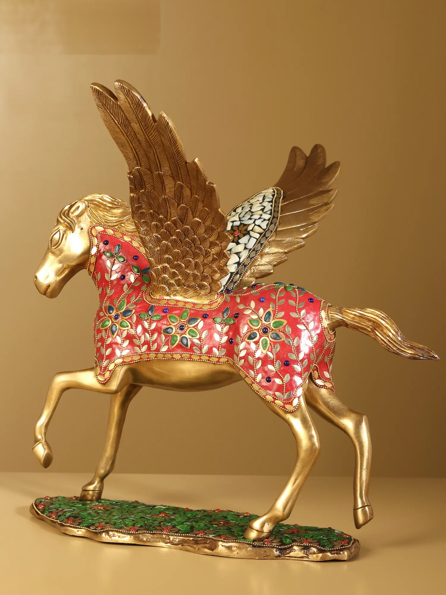 Brassaura® Pegasus Winged Horse Brass Sculpture with Inlay Work | Pure Brass | Height 16.5 Inches & Weight 10 kgs