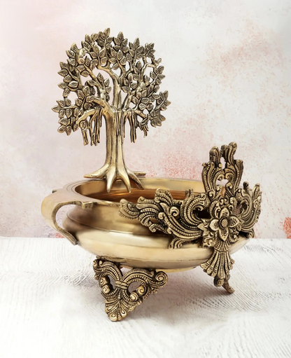Brassaura® Brass Tree Urli Decorative Bowl with Stand | Pure Brass | Height 15.5 Inches & Weight 6.20 kgs
