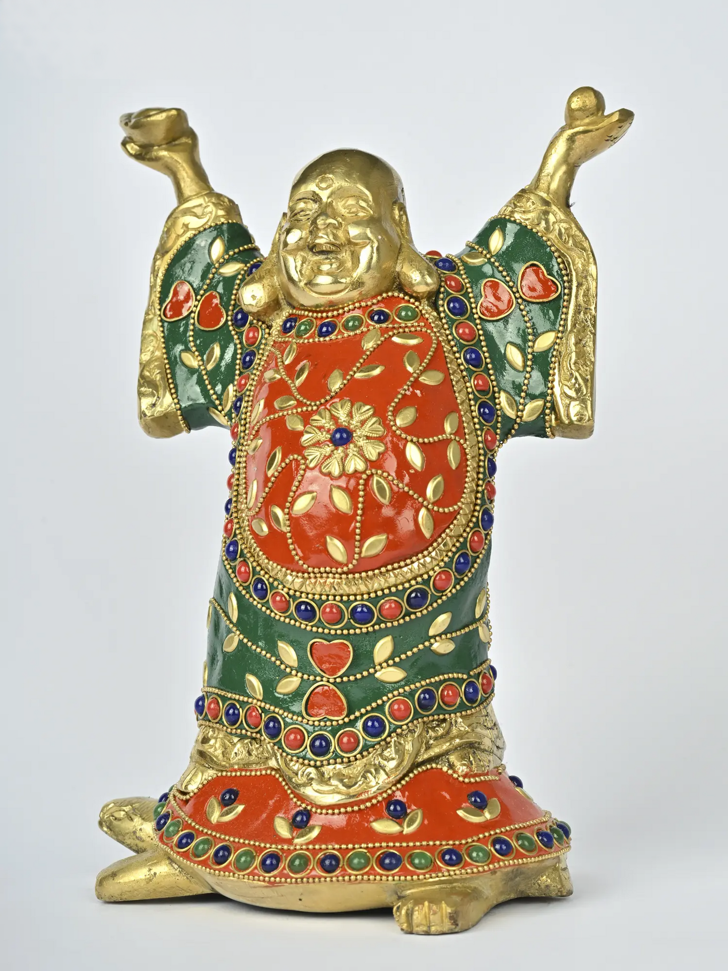Brassaura® Laughing Buddha Brass Statue with Inlay Work | Pure Brass | Height 8.5 Inches & Weight 2.65 kgs