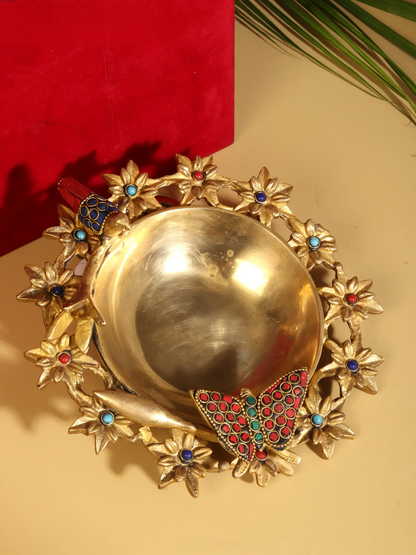 ब्रासुर्रा® ब्रास डेकोरेटिव बाउल जिसमें पक्षी और तितली इनले वर्क है | शुद्ध पीतल | ऊंचाई 2.8 इंच और वज़न 1.16 किलोग्राम