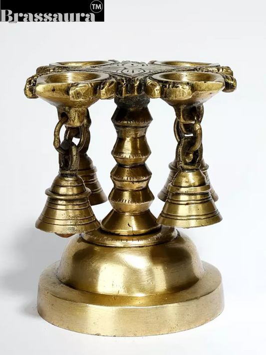Brassaura™ Designer Brass Four-Wick Lamp with Bells – Height 11 cm (4.33 in) | Weight 1.20 kg