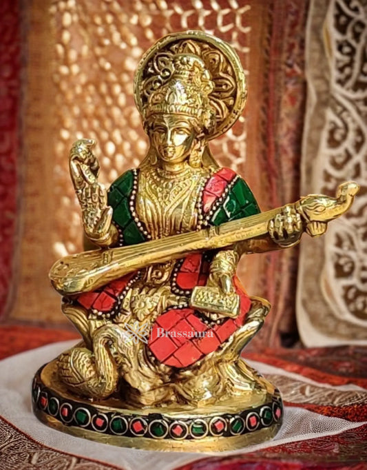 Brass Gem Stone Work Saraswati for Home and Decor Height 5.5 Inches & Weight 88 Grams