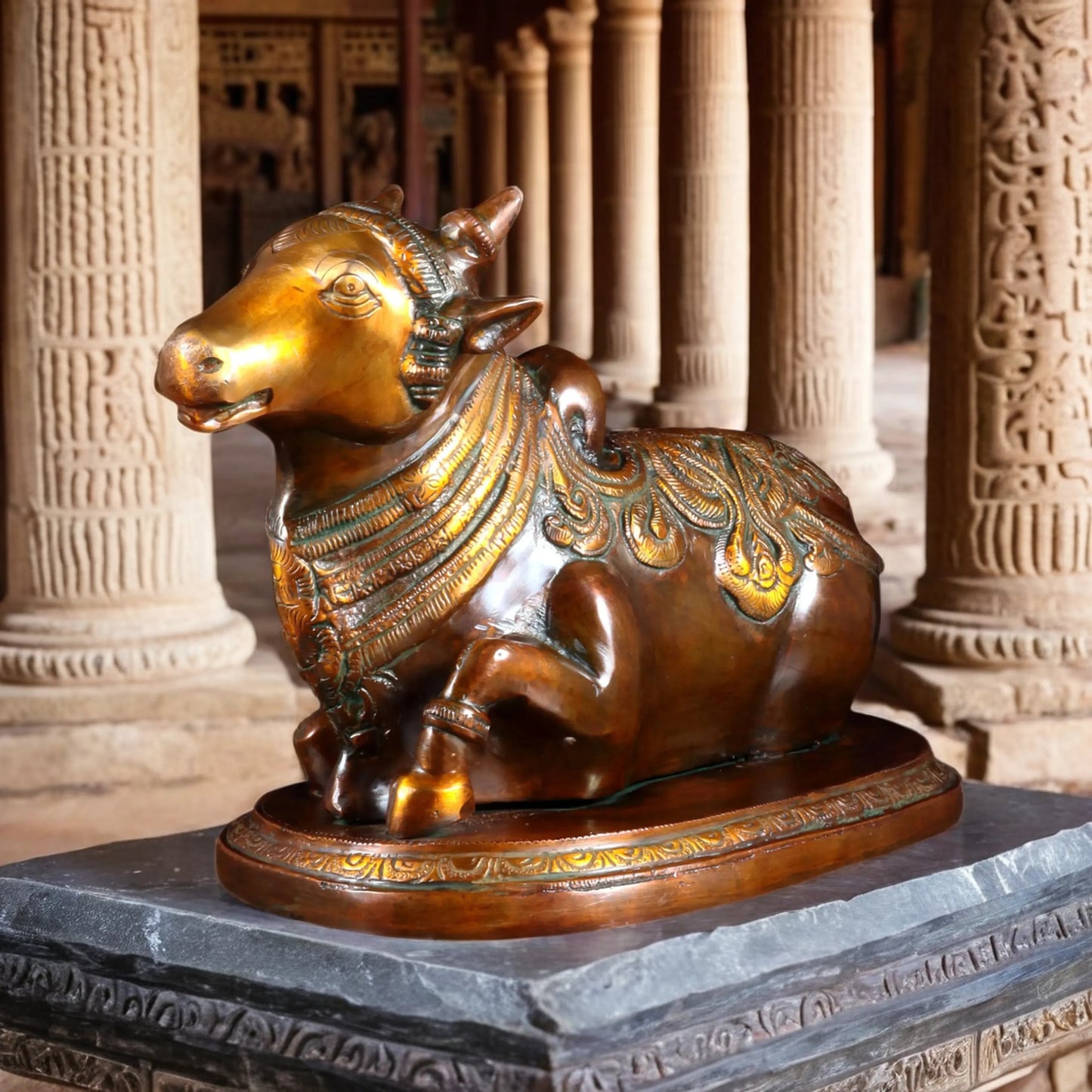 Brassaura™ Pure Brass Nandi Idol with Vintage Chola Brown Finish | Handcrafted South Indian Temple Art | Weight 7 Kgs | Height 9.5 Inches
