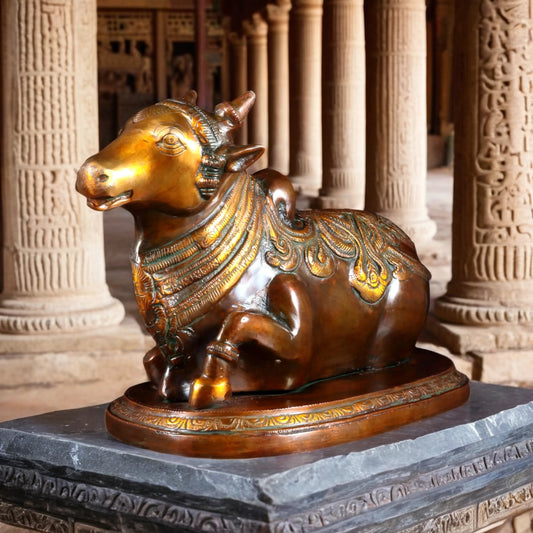 Brassaura™ Pure Brass Nandi Idol with Vintage Chola Brown Finish | Handcrafted South Indian Temple Art | Weight 7 Kgs | Height 9.5 Inches