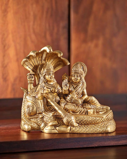 Brassaura™ Vishnu-Lakshmi Brass Statue on Sheshnag – 2.3kg, 6.5-Inch – Divine Blessings for Home Temple & Spiritual Decor