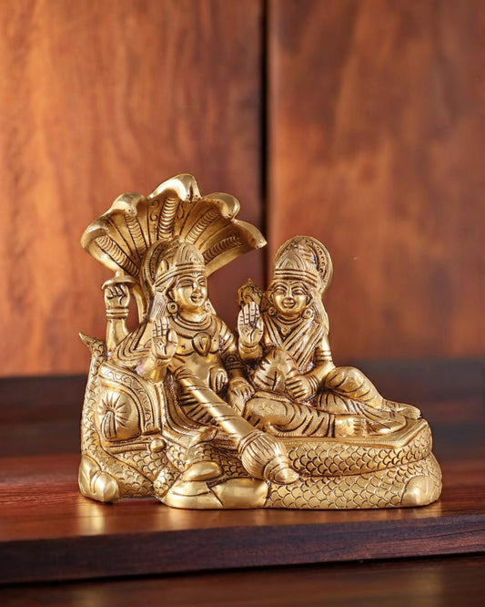 Brassaura™ Vishnu-Lakshmi Brass Statue on Sheshnag – 2.3kg, 6.5-Inch – Divine Blessings for Home Temple & Spiritual Decor