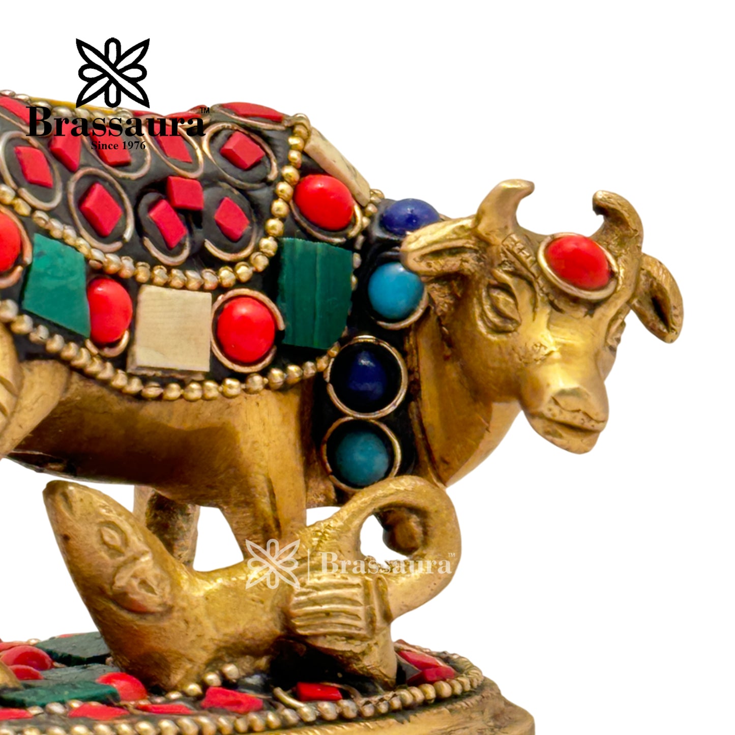 Brass Gem Stone Work Kaamdhenu Cow Idol for Home and Decor Weight .4 Kg Height 6 cm