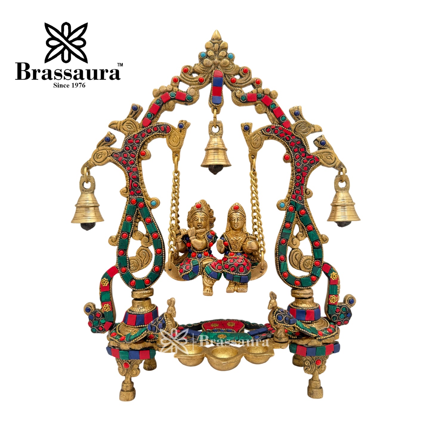 Brass Gem Stone Work Radha Krishna jhula Idol for Home and Decor Weight 3.1 Kg Height 36 cm