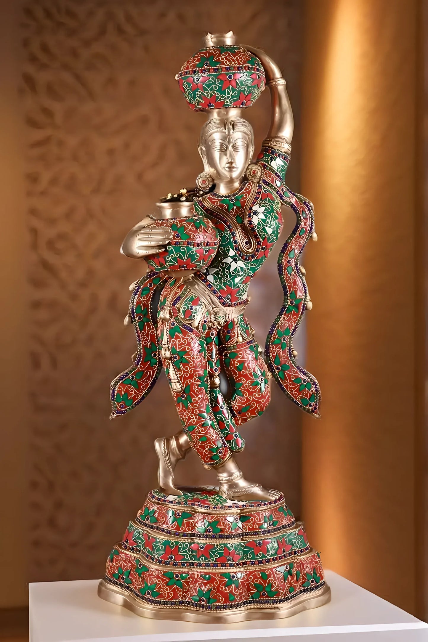 Brassaura™ Pure Brass Krishna’s Gopi with Butter Pots Statue – Height 27.2 Inches & Weight 15 Kgs | Meenakari Work Home & Temple Décor