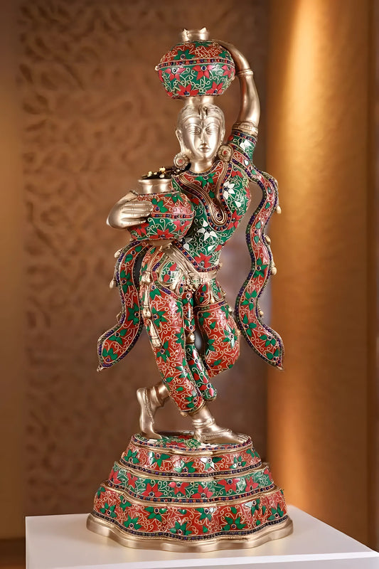 Brassaura™ Pure Brass Krishna’s Gopi with Butter Pots Statue – Height 27.2 Inches & Weight 15 Kgs | Meenakari Work Home & Temple Décor