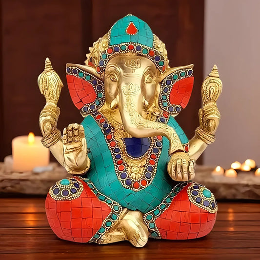 Brassaura™ Brass Gem Stone Work Ganesha Murti – Height 5.9 inches & Weight 1.6 kgs | Ganpati Idol for Home & Pooja Room