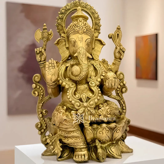 Brassaura™ Brass Big Ganesha Idol for Home and Decor | Weight 6.3 Kgs | Height 13.78 Inches
