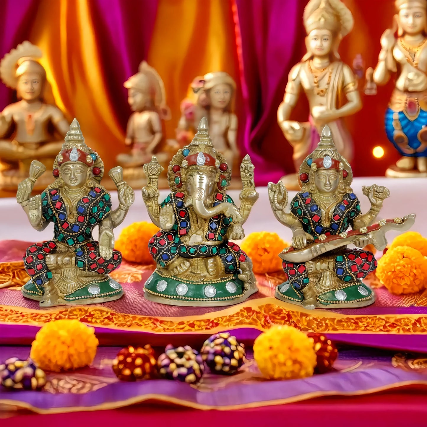 Brassaura™ Premium Brass Gem Stone Work Laxmi Ganesha Saraswati Idol – Height 6.8 Inches & Weight 2.35 Kgs | Hindu God Sculpture