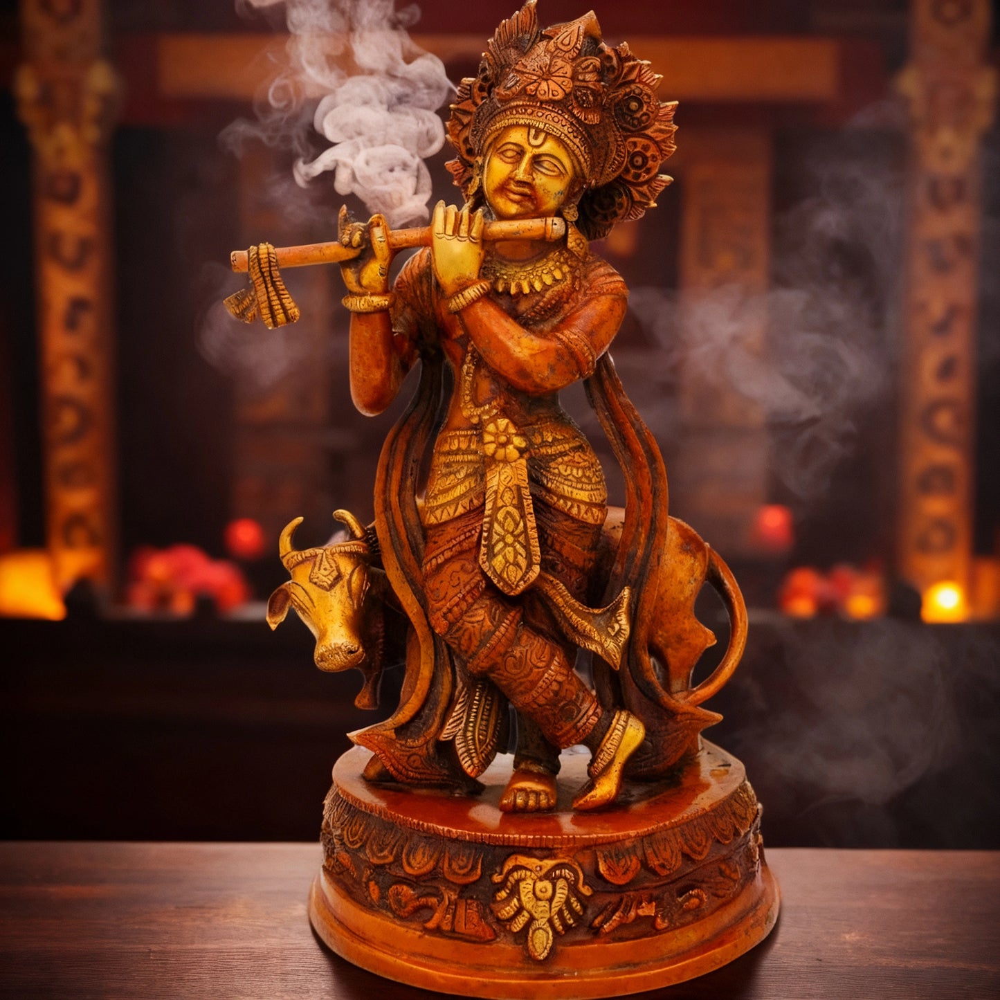 Brassaura® Lord Krishna Playing Flute with Cow Idol | Pure Brass Antique Copper Finish Handcrafted Murti | Brass Statue for Home Temple, Pooja Room, Spiritual Décor & Luxury Gifting | Height 13 Inches | Weight 4.3 Kg