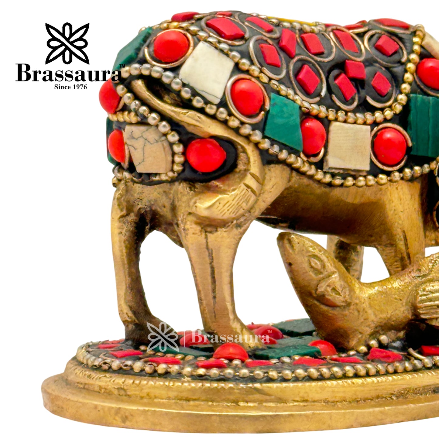 Brass Gem Stone Work Kaamdhenu Cow Idol for Home and Decor Weight .4 Kg Height 6 cm