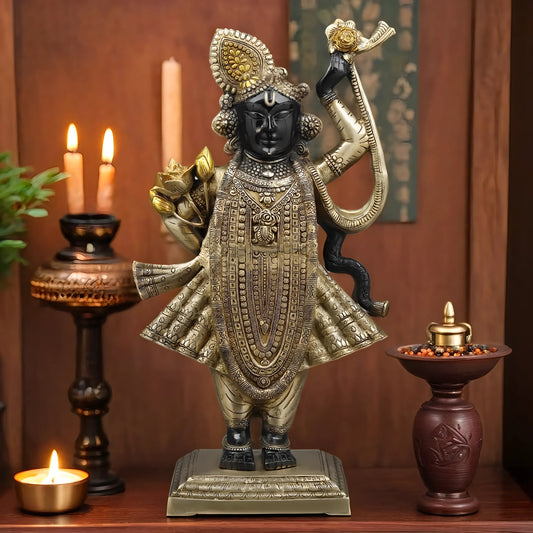 BrassAura™ Brass Krishna as Srinath – Golden & Black Patina Finish | Height 32 Inch | Weight 29.04 Kg
