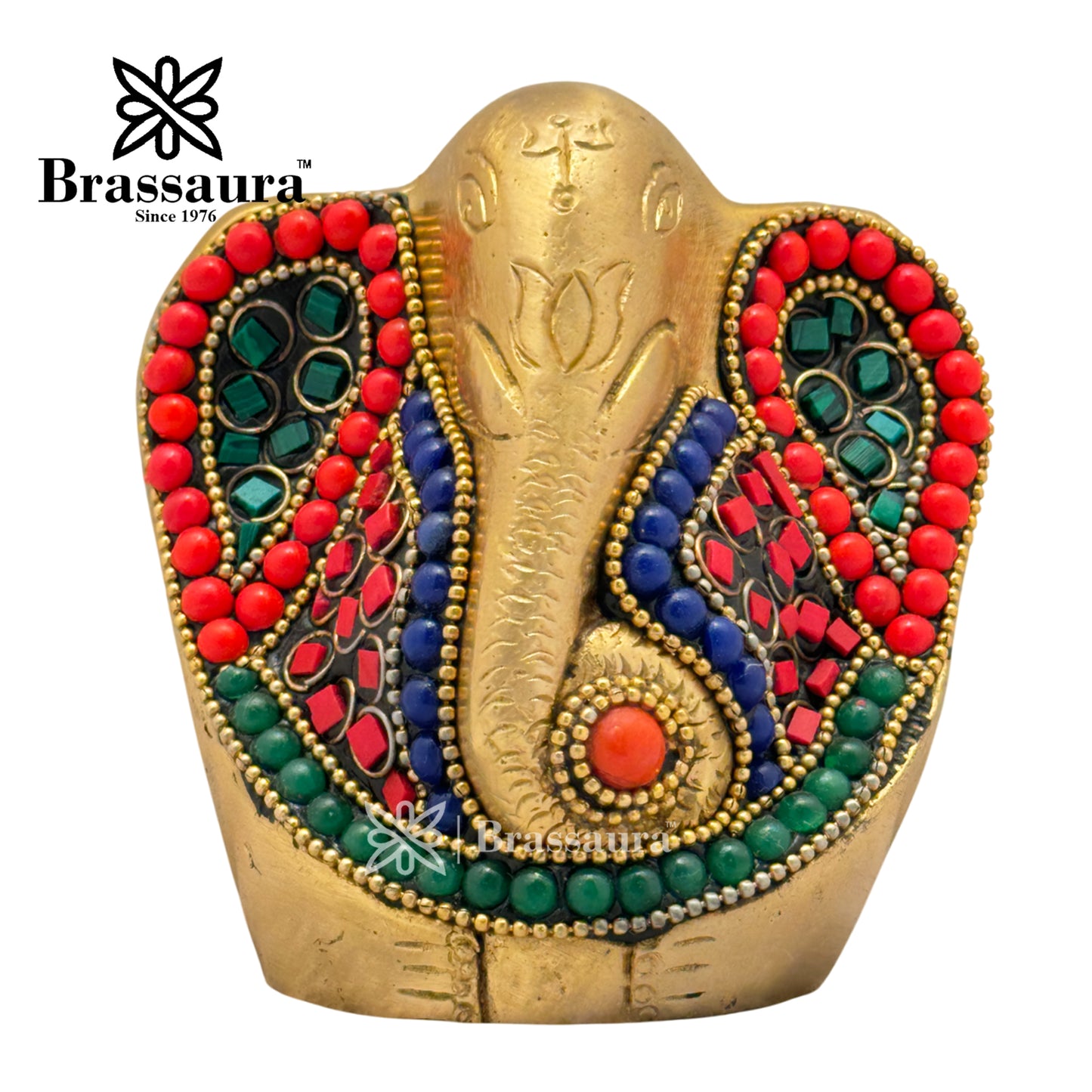 Brass Gem Stone Work Ganesha Idol for Home and Decor Weight .6 Kg Height 9 cm