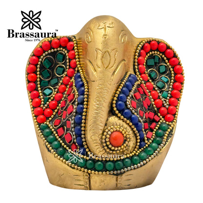 Brass Gem Stone Work Ganesha Idol for Home and Decor Weight .6 Kg Height 9 cm