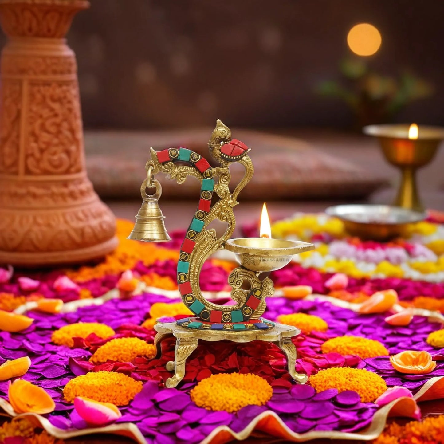 Brass Gem Stone Work Diya Statue For Home Decor Weight 0.950 Kgs And Height 20 Cms