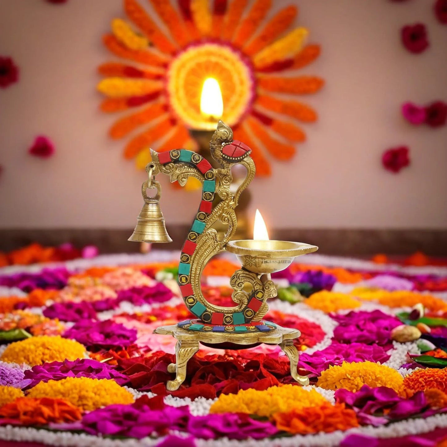 Brass Gem Stone Work Diya Statue For Home Decor Weight 0.950 Kgs And Height 20 Cms