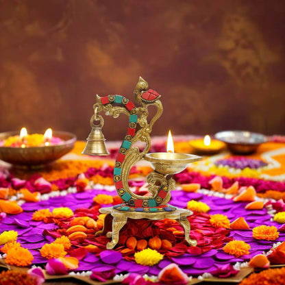 Brass Gem Stone Work Diya Statue For Home Decor Weight 0.950 Kgs And Height 20 Cms