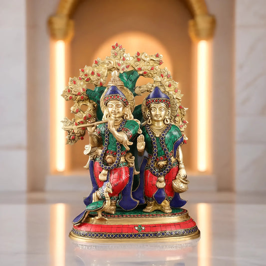 Brassaura™ Pure Superfine Brass Radha Krishna Idol Pair with Kalpavriksha & Peacock – Height 14 Inches & Weight 8.5 Kgs | Elegant Devotional Statue