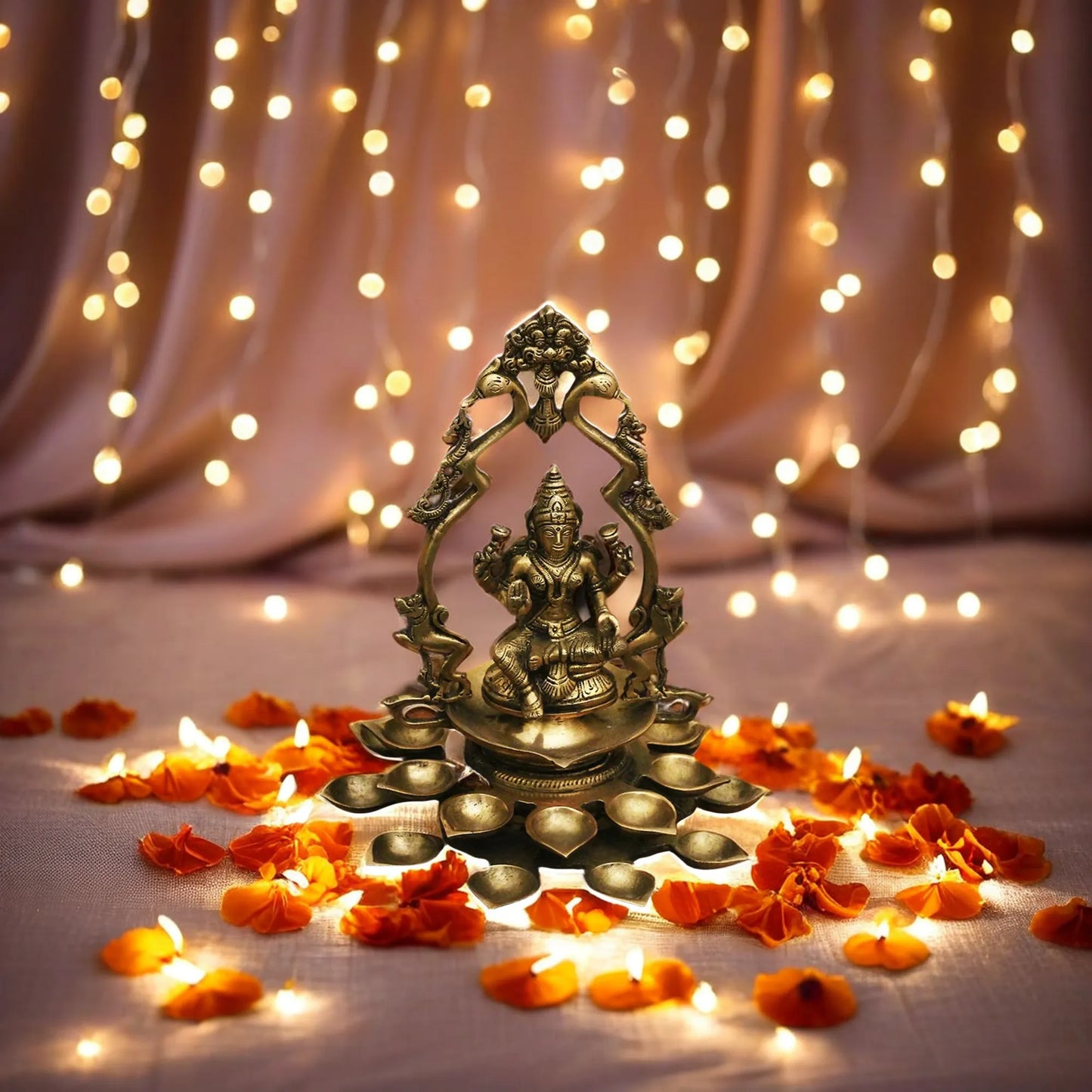 Brass Laxmi With Multiple Diya Weight 3.8 Kg And Height 12 Inch