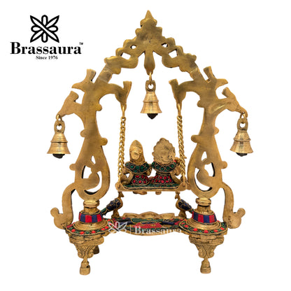 Brass Gem Stone Work Radha Krishna jhula Idol for Home and Decor Weight 3.1 Kg Height 36 cm