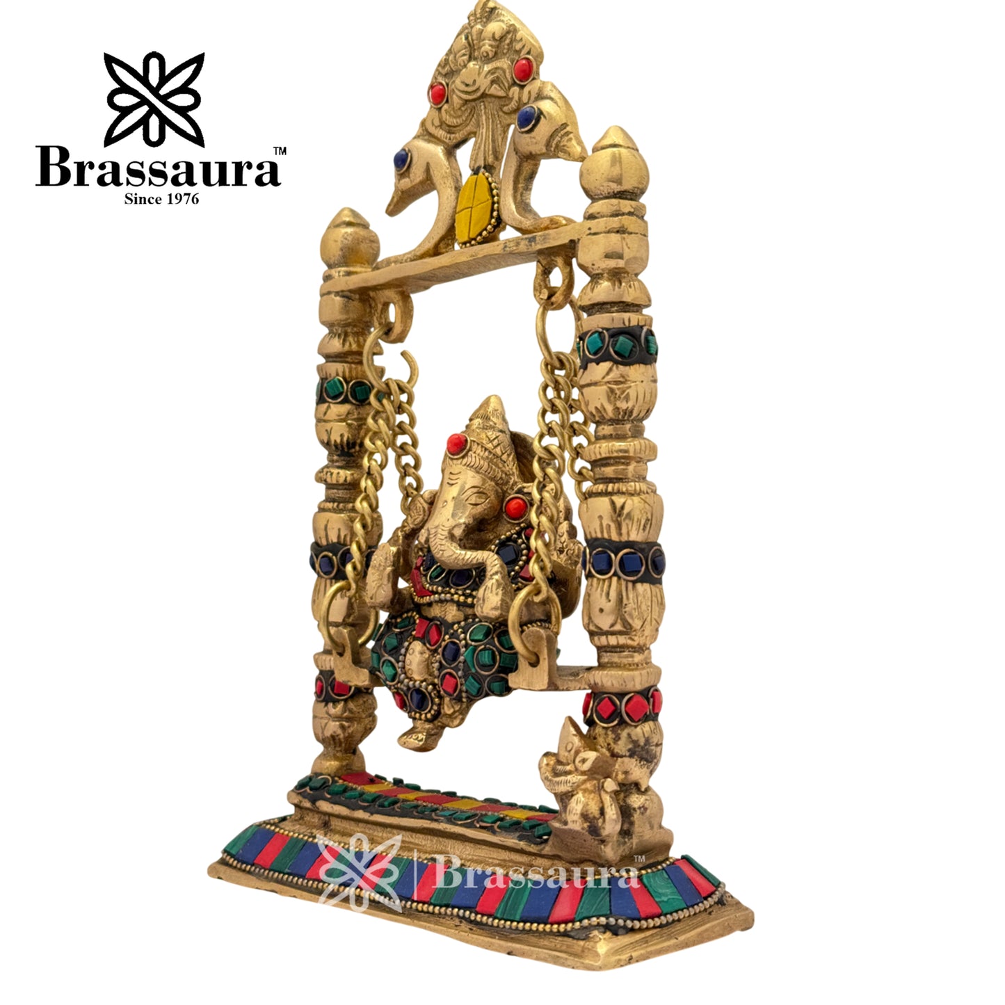 Brass Gem Stone Work Ganesha Jhula Idol for Home and Decor Weight 2 Kg Height 23 cm