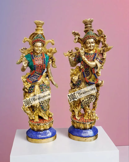 Brassaura™ Brass Gem Stone Work Radha-Krishna Idol – Height 14 Inches & Weight 8.5 Kgs | Devotional Home Décor
