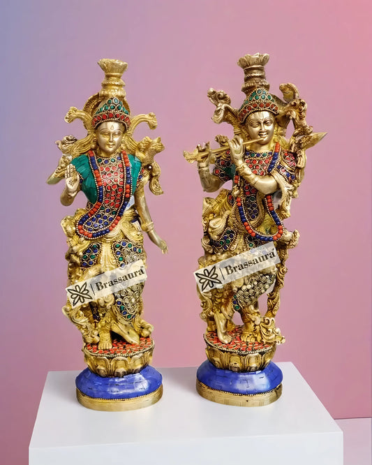 Brassaura™ Brass Gem Stone Work Radha-Krishna Idol – Height 14 Inches & Weight 8.5 Kgs | Devotional Home Décor