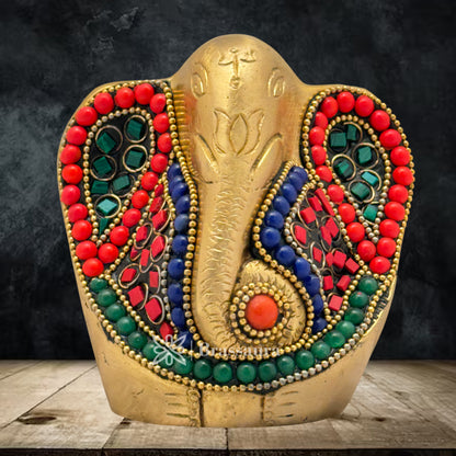 Brass Gem Stone Work Ganesha Idol for Home and Decor Weight .6 Kg Height 9 cm