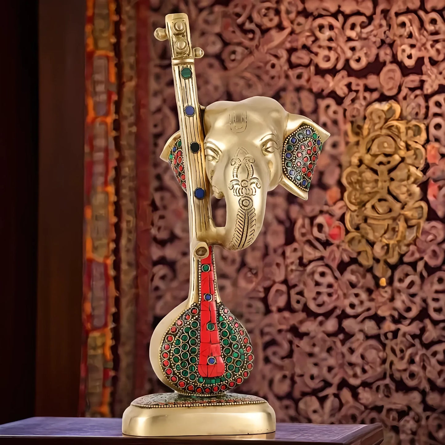 Brassaura™ Pure Brass Lord Ganesha with Sitar & Veena Idol | Superfine Handcrafted Showpiece | Weight 3.7 Kgs | Height 12 Inches