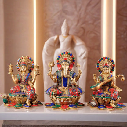 Brass Gem Stone Work Laxmi Ganesha Saraswati Murti for Home and Decor  Height 12 Inches & Weight 19 Kgs