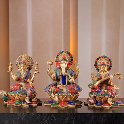 Brass Gem Stone Work Laxmi Ganesha Saraswati Murti for Home and Decor  Height 12 Inches & Weight 19 Kgs