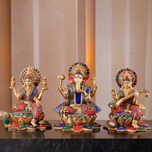 Brass Gem Stone Work Laxmi Ganesha Saraswati Murti for Home and Decor  Height 12 Inches & Weight 19 Kgs