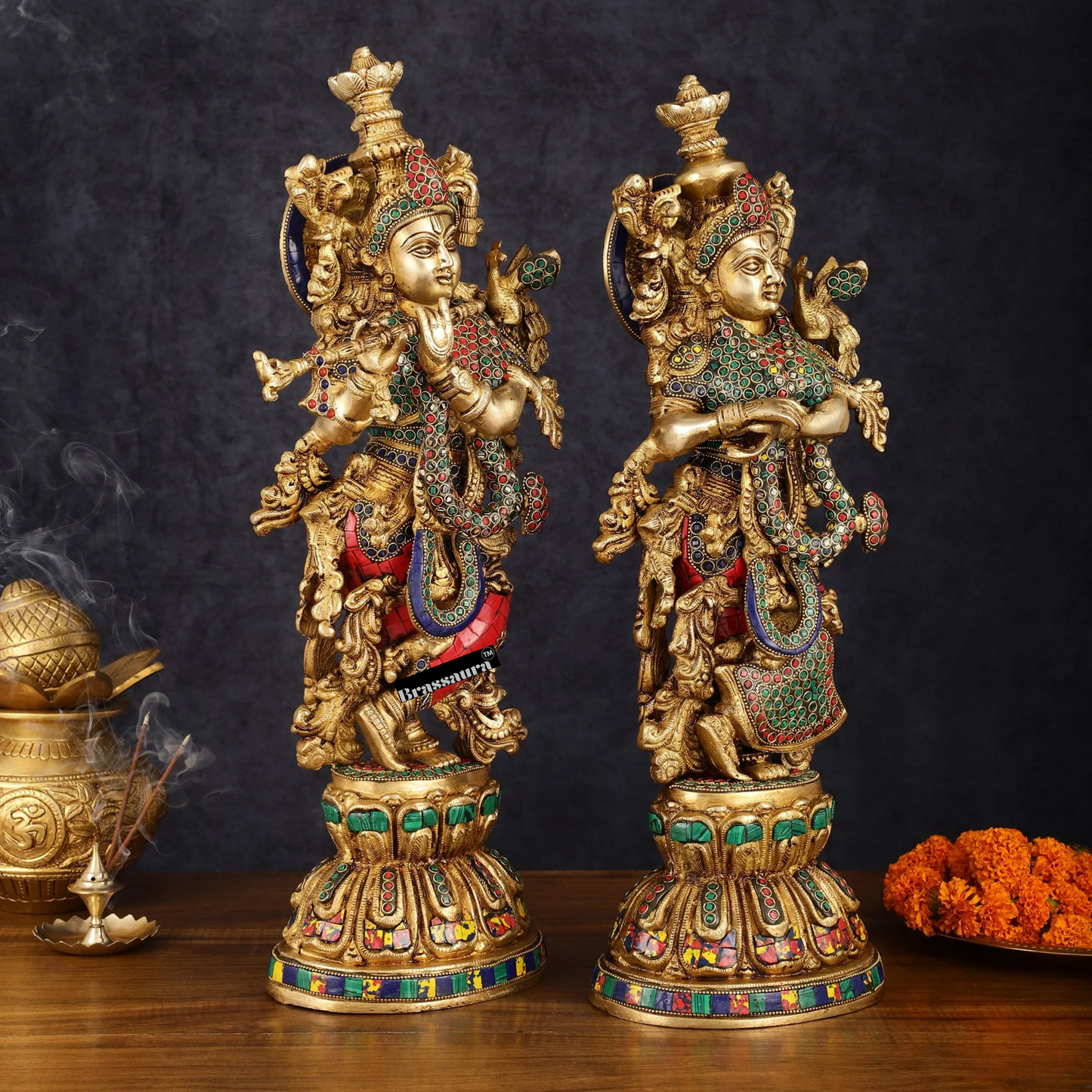 Brassaura™ Brass Radha Krishna Statue Pair – Height 21 Inches & Weight 18 Kgs | Handcrafted Devotional Idol