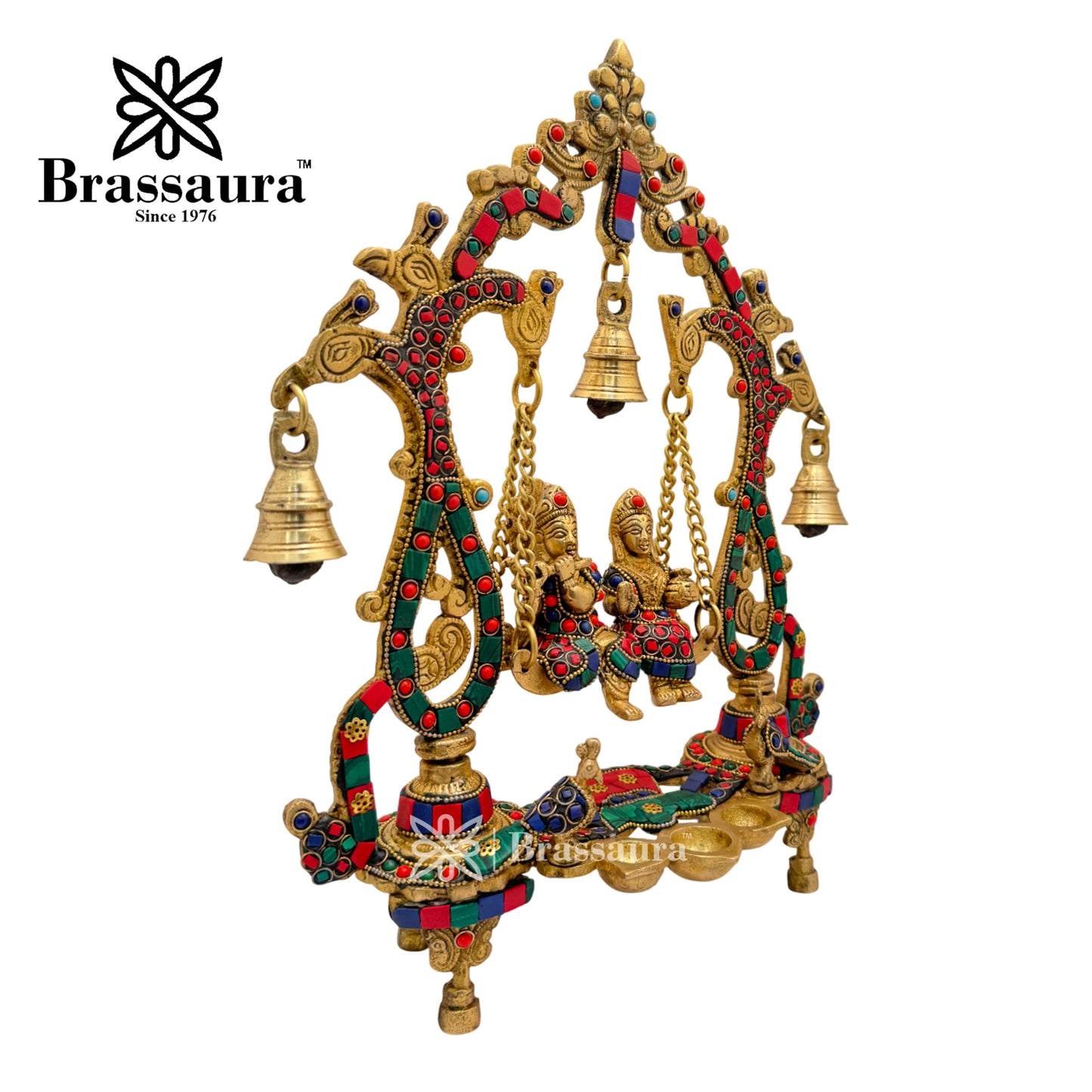 Brass Gem Stone Work Radha Krishna jhula Idol for Home and Decor Weight 3.1 Kg Height 36 cm