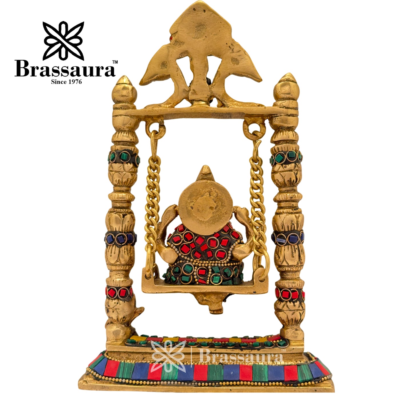 Brass Gem Stone Work Ganesha Jhula Idol for Home and Decor Weight 2 Kg Height 23 cm