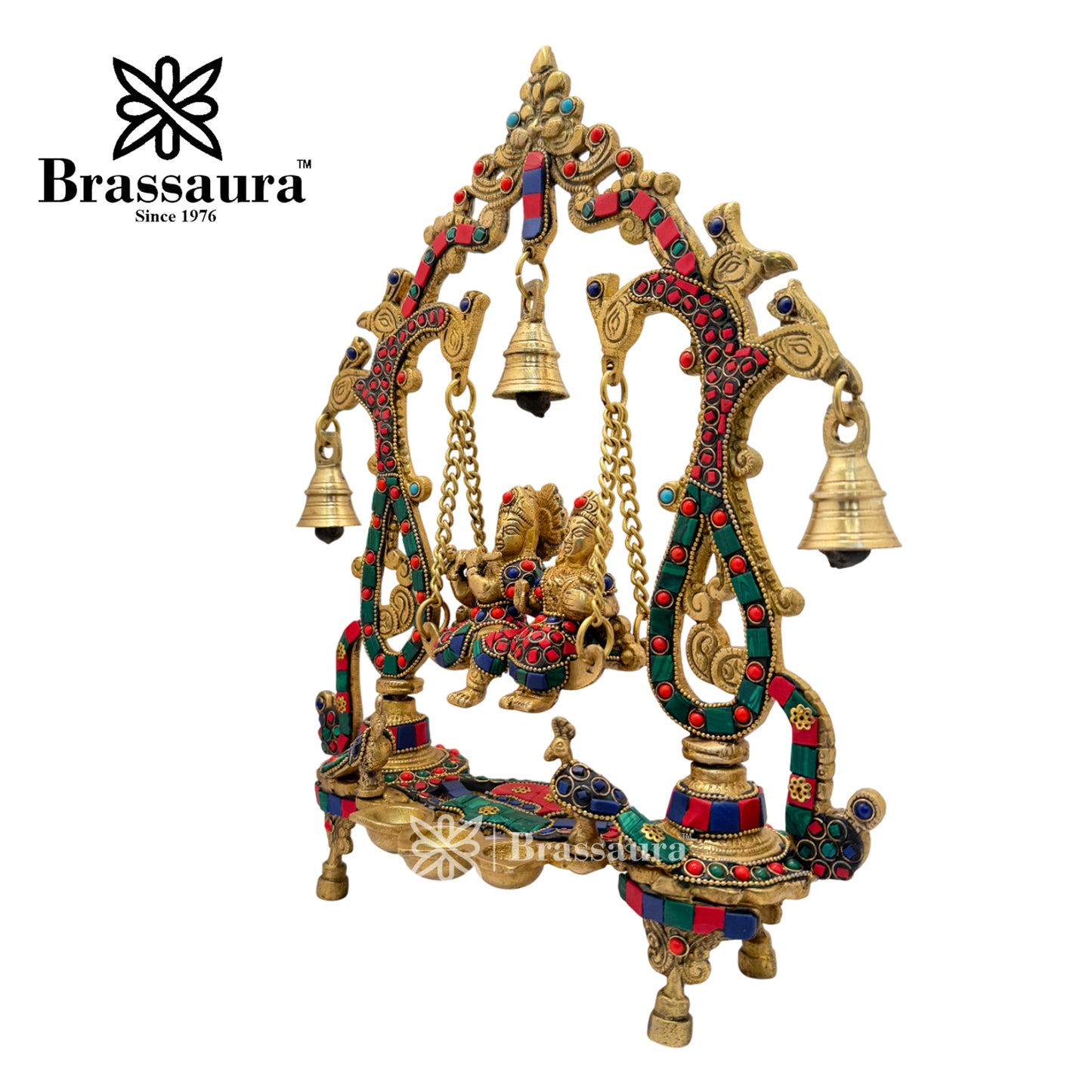 Brass Gem Stone Work Radha Krishna jhula Idol for Home and Decor Weight 3.1 Kg Height 36 cm