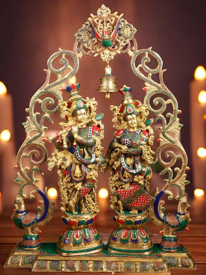 Brassaura™ Brass Radha Krishna Statue with Peacock Temple Arch – 45 Inch Height, 67 Kg | Meenakari Hindu Temple Decor