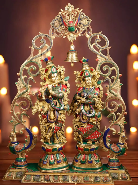 Brassaura™ Brass Radha Krishna Statue with Peacock Temple Arch – 45 Inch Height, 67 Kg | Meenakari Hindu Temple Decor