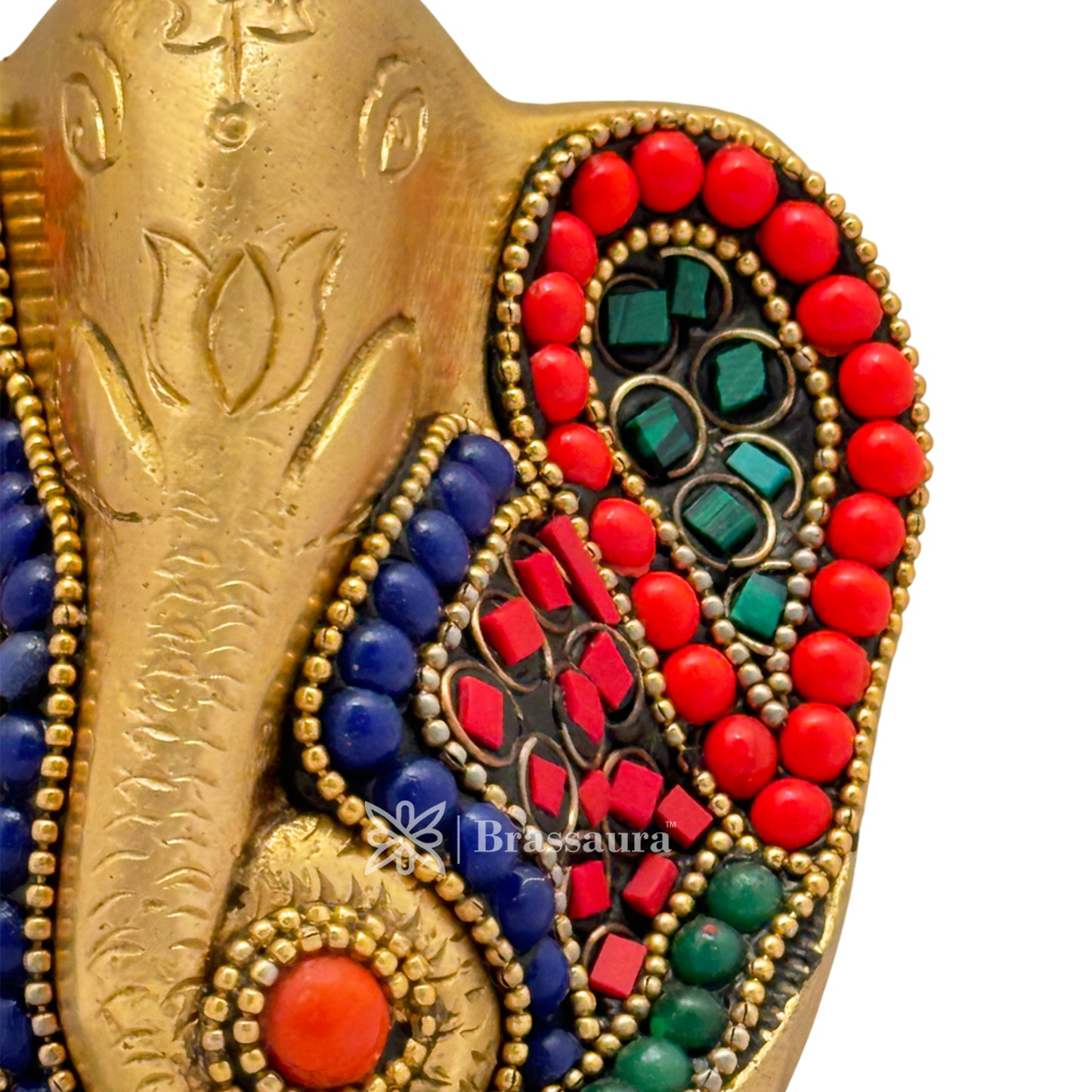 Brass Gem Stone Work Ganesha Idol for Home and Decor Weight .6 Kg Height 9 cm