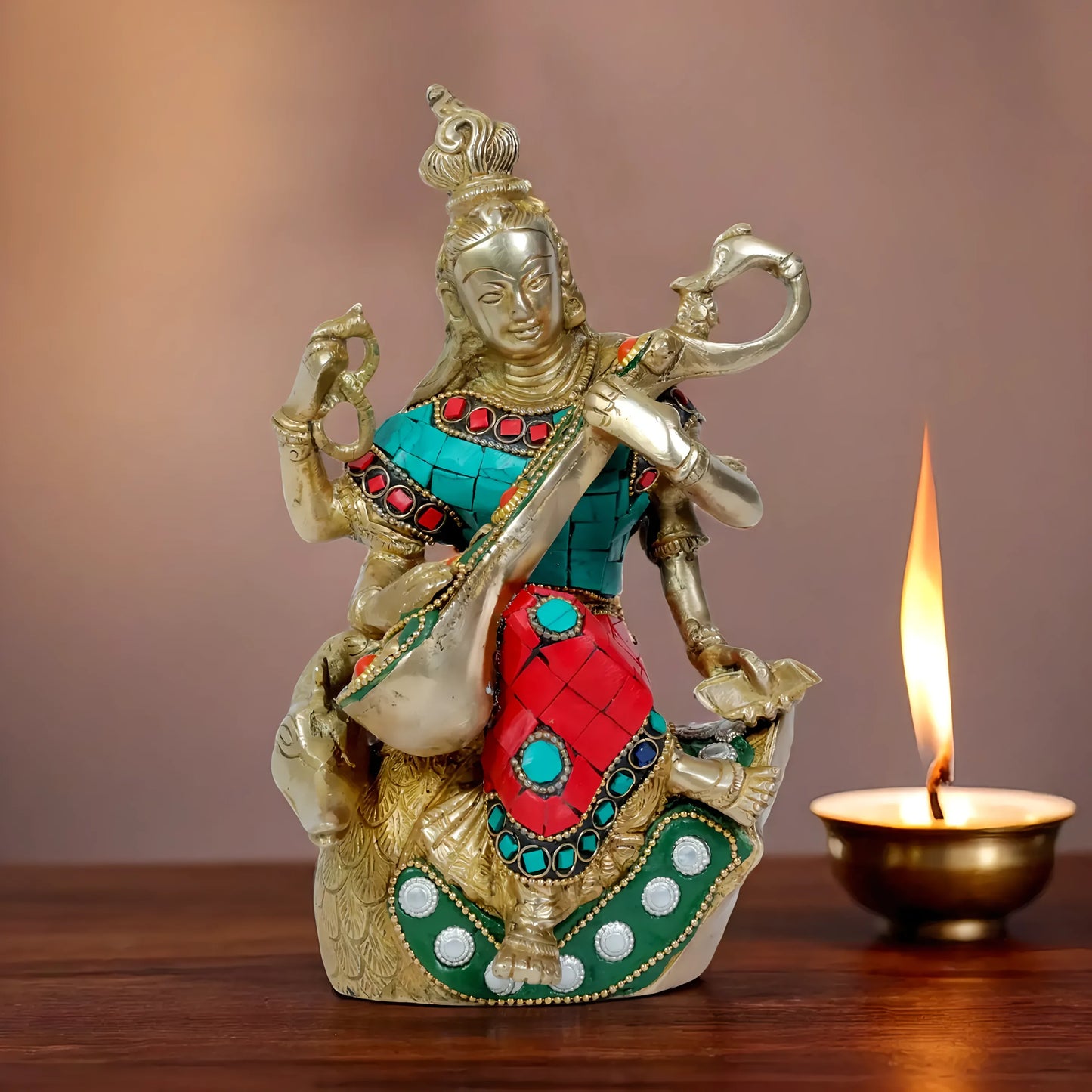 Brassaura™ Classic Brass Saraswati Murti with Gem Stone Work – Height 9.6 Inches & Weight 1.8 Kgs