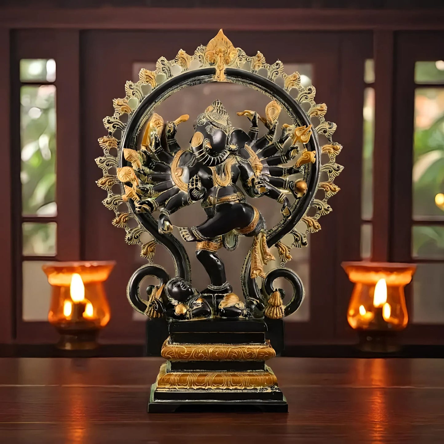 Brassaura™ Antique Sand Finish Brass Dancing Ganesha Statue with 16 Arms & Fire Ring | Height 26 Inches & Weight 24 Kgs