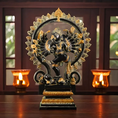 Brassaura™ Antique Sand Finish Brass Dancing Ganesha Statue with 16 Arms & Fire Ring | Height 26 Inches & Weight 24 Kgs