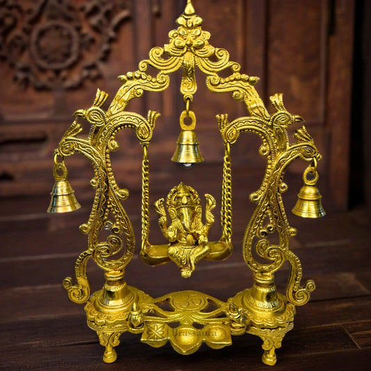 Brassaura™ Brass Ganesha Jhula Murti – Height 14.57 inches & Weight 2.5 kgs | Traditional Ganpati Murti for Home & Pooja Room